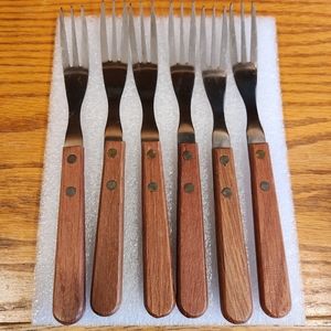 SET OF 6 VINTAGE WOOD AND STAINLESS COCKTAIL FORKS